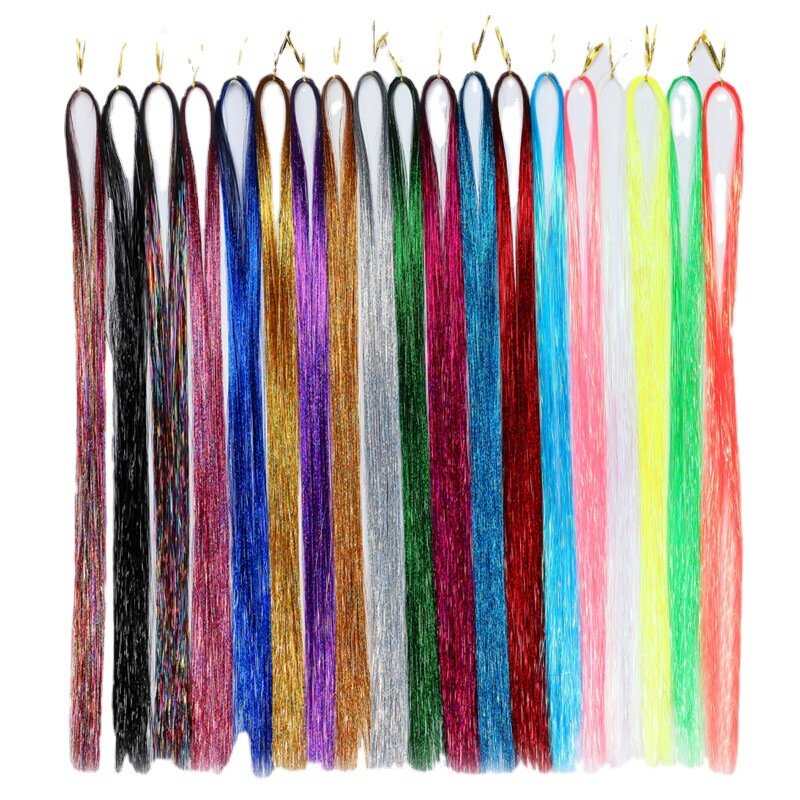Laser Colorful Gold Wire 93CM Sparkling Glitter Tinsel Fairy Hair Extensions resistente al calore Party Highlight Hairpiece per le donne