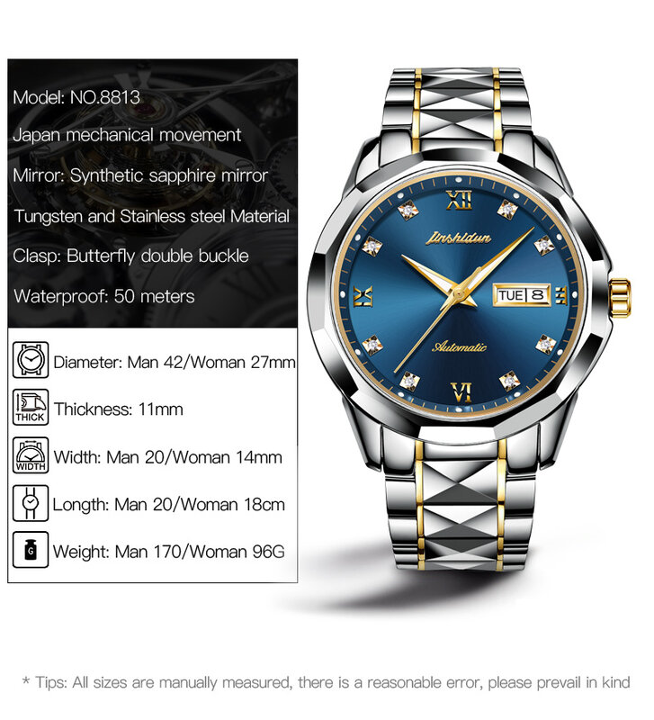 JSDUN jam tangan otomatis pria, arloji tali baja Tungsten safir tahan air untuk suami 8813
