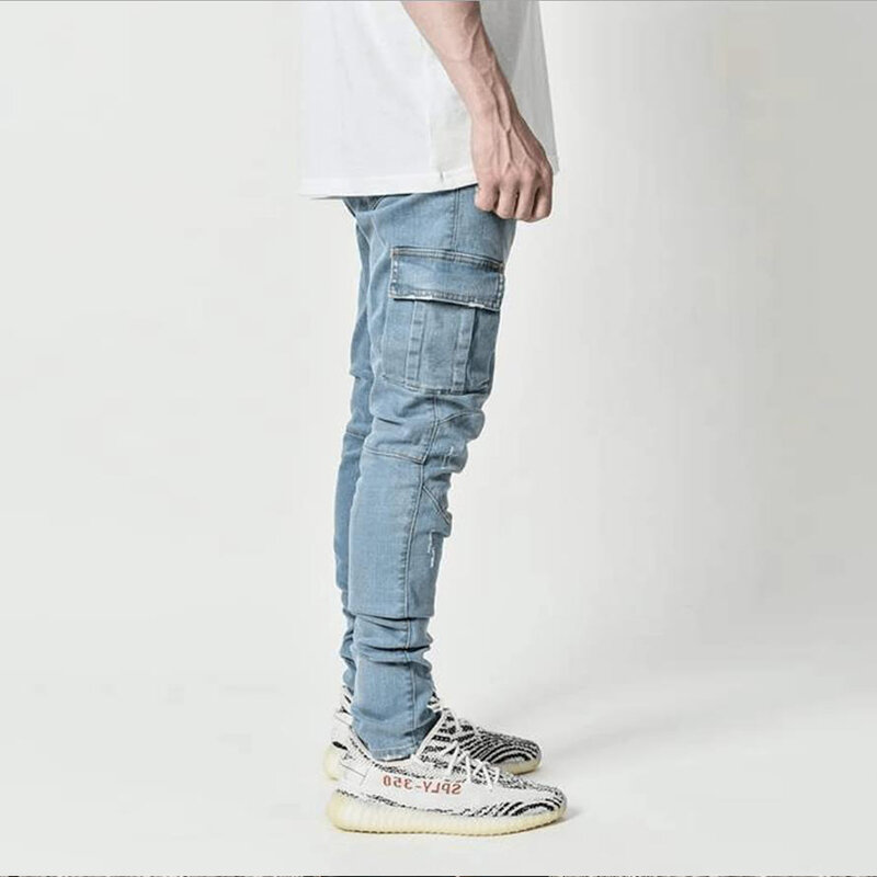 Dżinsy Fahsion męskie spodnie prania w jednolitym kolorze wiele kieszeni Denim średnio wysoka talia dżinsy Cargo spodnie Plus Size odzież na co dzień męskie