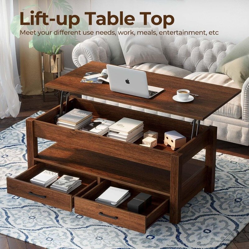 Meja kopi Rolanstar, meja kopi angkat atas dengan laci dan kompartemen tersembunyi, Meja tengah Retro dengan meja angkat kayu