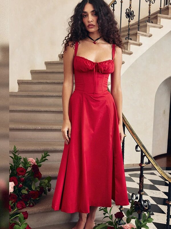 Suninheart-Vestido feminino elegante em linha Midi, Sexy Spaghetti Strap, Lace Up, Vermelho, Vestidos de festa, Verão, Atacado, 2024