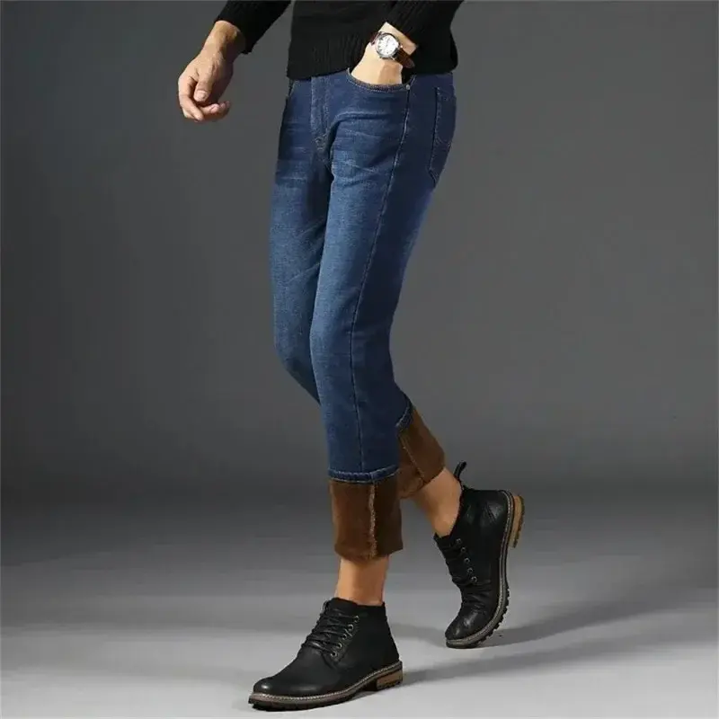 Calça jeans quente de lã masculina, calça comprida empresarial jeans clássica, jeans stretch casual, moda retrô, outono, inverno