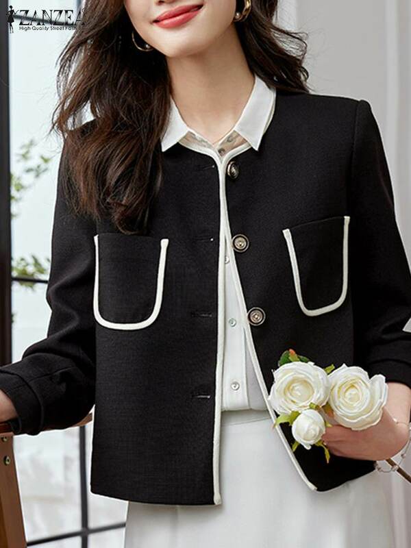 ZANZEA Korean Fashion O-Neck Jackets Casual OL Suits 2023 Woman Long Sleeve Work Blazer Autumn Elegant Contrast Color Outwear