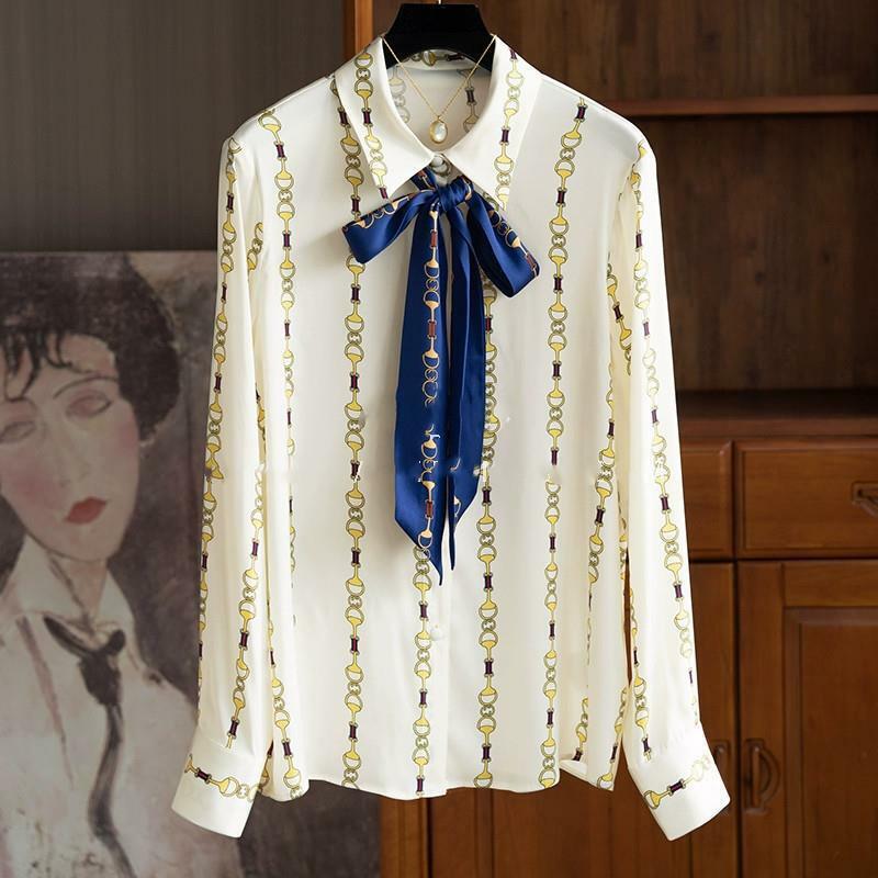 Camisa de seda mulberry para mulheres, elegante camisa de lapela, fita impressa, cor contrastante, temperamento pendular, alta qualidade, Y2k