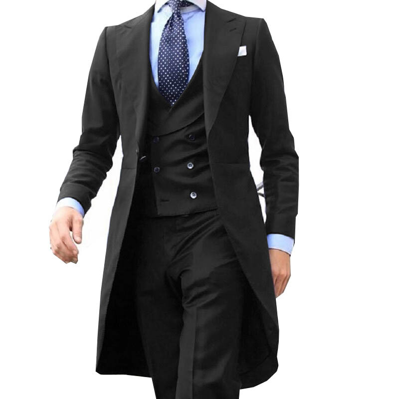 2023 New Arrivel Long Coat Designs Chinese Red Men Suit Gentle  Tuxedo Prom Blazer Custom 3 Pieces (Jacket+Vest+Pants)