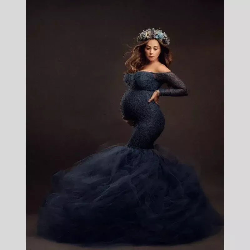 Gaun hamil benang fotografi renda alat peraga fotografi gaun hamil Fishtail panjang untuk gaun Maxi untuk pemotretan