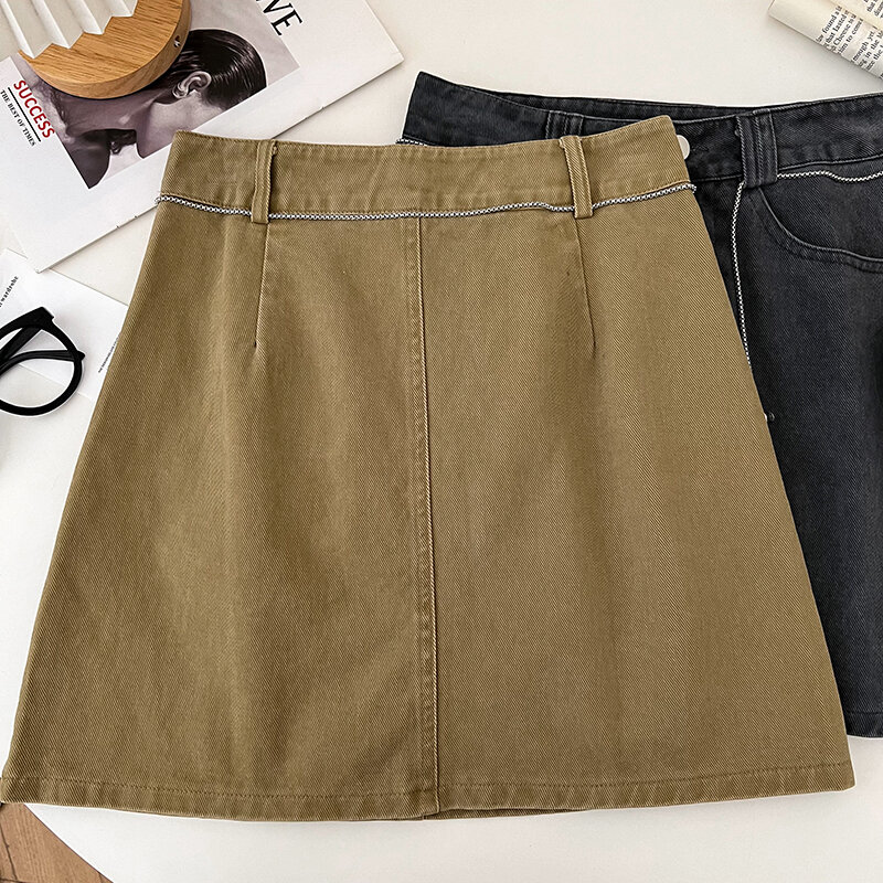 Джинсовая юбка в Корейском стиле, Повседневная универсальная декоративная юбка на цепочке с высокой талией, приталенная джинсовая юбка с эффектом потертости, женские летние юбки