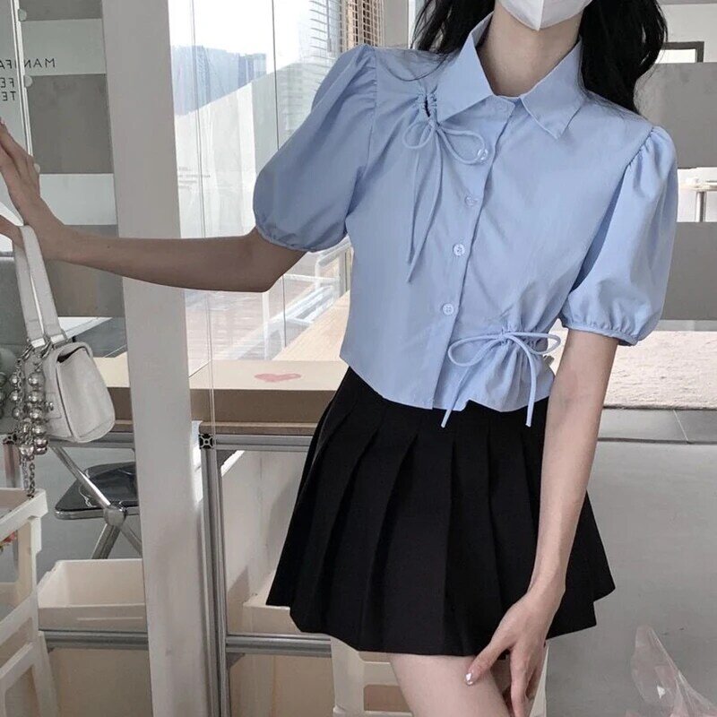 Gidyq Puff Sleeve Blue Shirt Women Korean Fashion Elegant Bow Short Top Female Summer Chic Hollow Solid All Match Ladies Blouse
