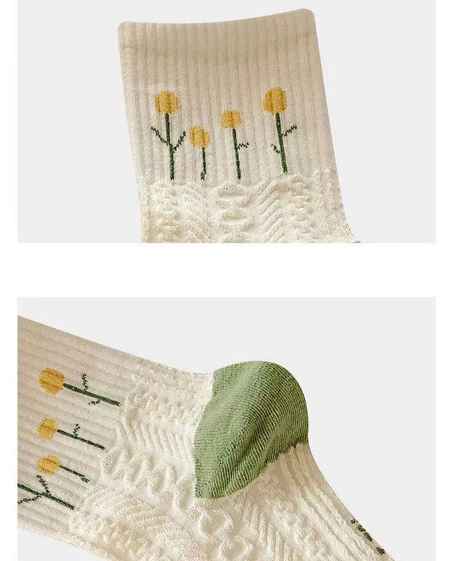 Desenhos animados flores estampadas meias de algodão para mulheres, meias casuais de tubo curto para senhoras, moda kawaii, fofa, 5 pares