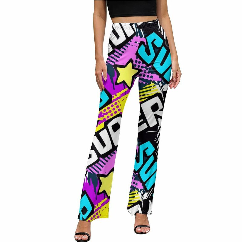 Pantalon imprimé graffiti coloré pour femme, streetwear graphique féminin, pantalon slim, décontracté, évasé, fjSummer