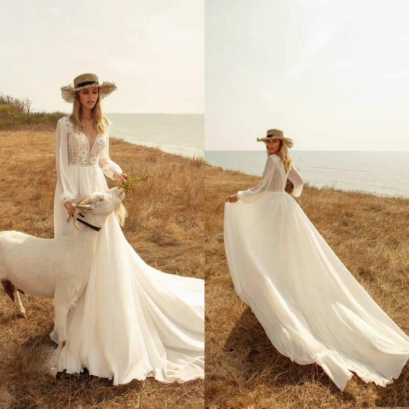 아름다운 섹시한 A 라인 보호 긴 소매 웨딩 드레스, 데칼 브이넥 해변 야외 사진, 로맨틱 신부 파티 드레스, 맞춤