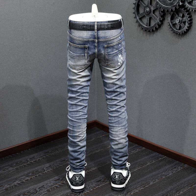 Street Fashion Mannen Jeans Retro Blue Stretch Skinny Fit Gescheurde Jeans Mannen Kraal Patched Designer Hiphop Merk Broek