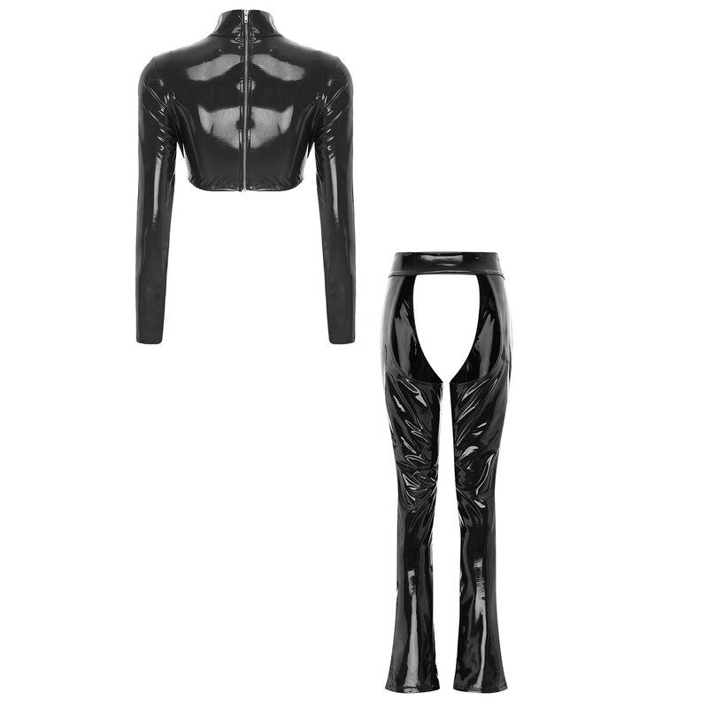 Womens Glossy Patent Leather Lingerie Set Sexy Open Chest Metal Chain Long Sleeve Crop Top+Open Crotch Leggings Tights Clubwear