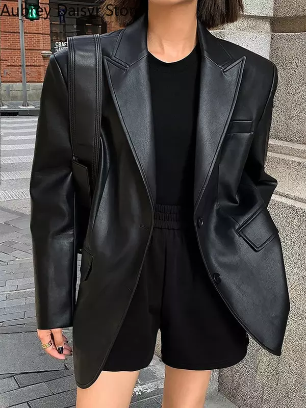 Jaqueta de couro punk preta feminina, streetwear vintage coreano, blazer de inverno, casual, botão, quente, solta, nova