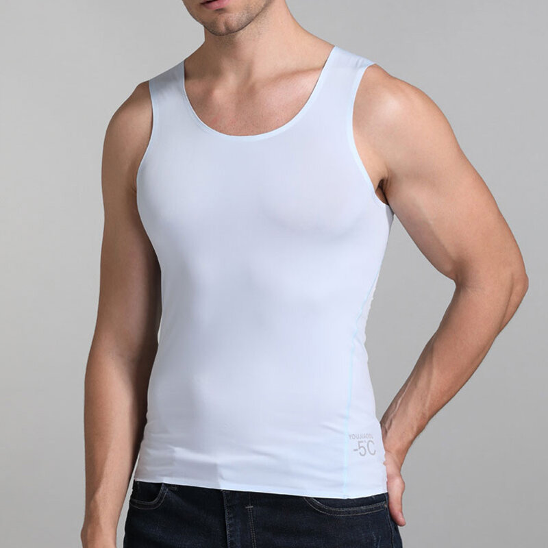 Mężczyźni lodowy jedwab bezszwowy Fitness letni podkoszulek bielizna przewiewna młodzieżowy sportowy bez rękawów podstawowy T-Shirt elastyczny podkoszulek