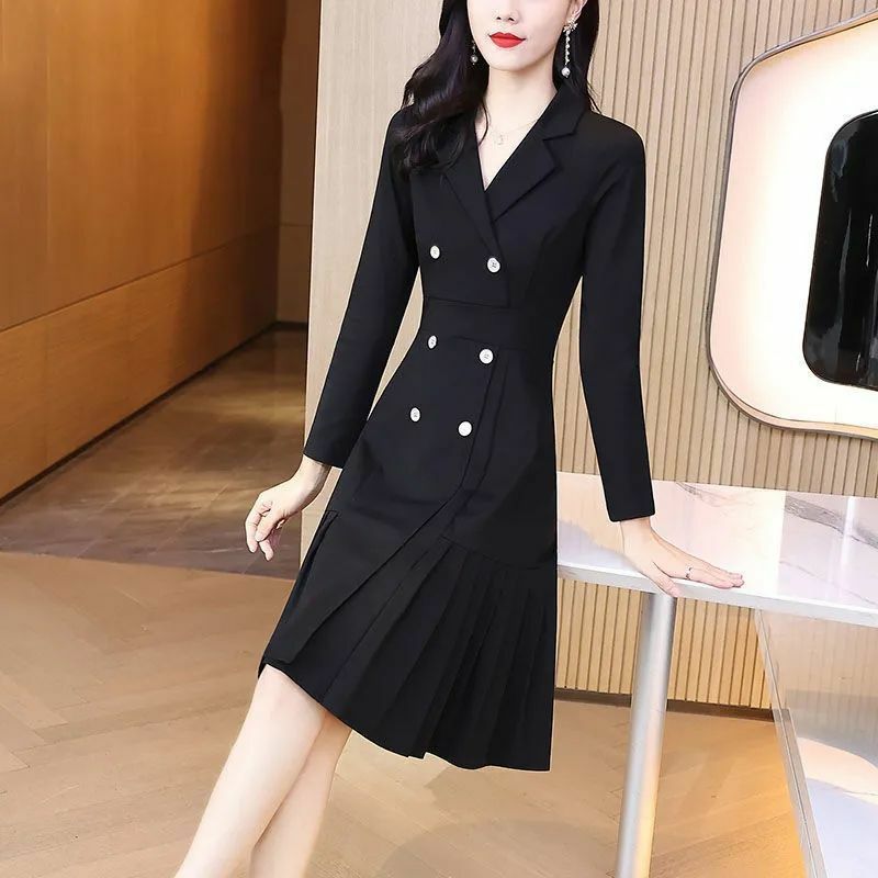 Elegant 2024 Spring Long Sleeves Dress Women Double-breasted Pleated Knee Length Lapel Office Business Dresses for Women 2xl