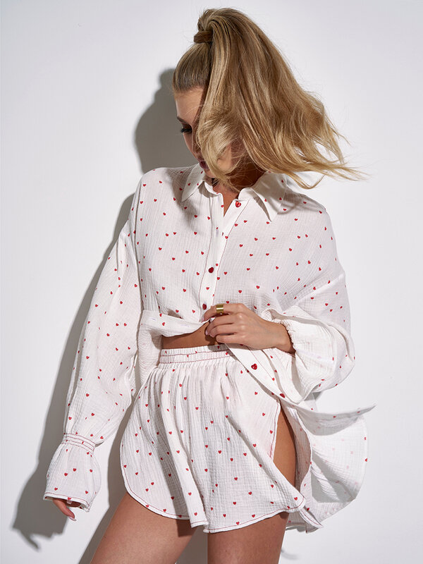 Hiloc 코튼 프린트 잠옷 여성용 세트, 꽃잎 긴 소매 파자마 세트, 슬릿 섹시 여성 나이트웨어, 2024 캐주얼, 가을 라운지웨어