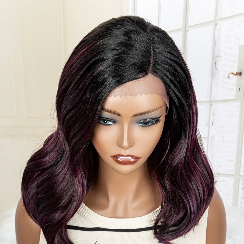 Gradiente Borgonha peruca curta, parte lateral, peruca ondulada sintética, Lace Front, 13x4x1