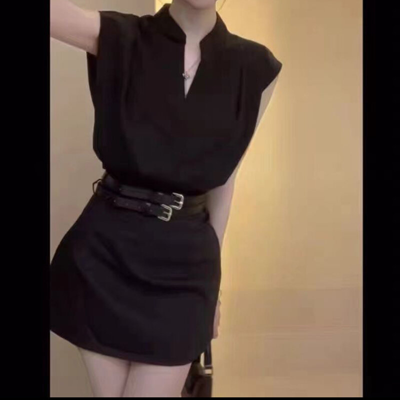 Женская летняя футболка, новинка 2024, рубашка, куртка, облегающая короткая черная юбка на плечах, модная женская юбка.