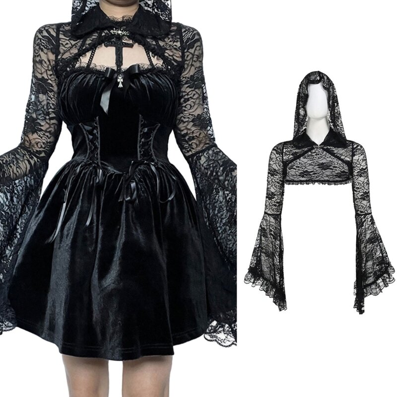 Women Gothic Punk See Through Floral Lace Hoodie Shrug Vintage Aesthetic Flared Long Sleeve Cover Up Crop Top Cardigan Dropship