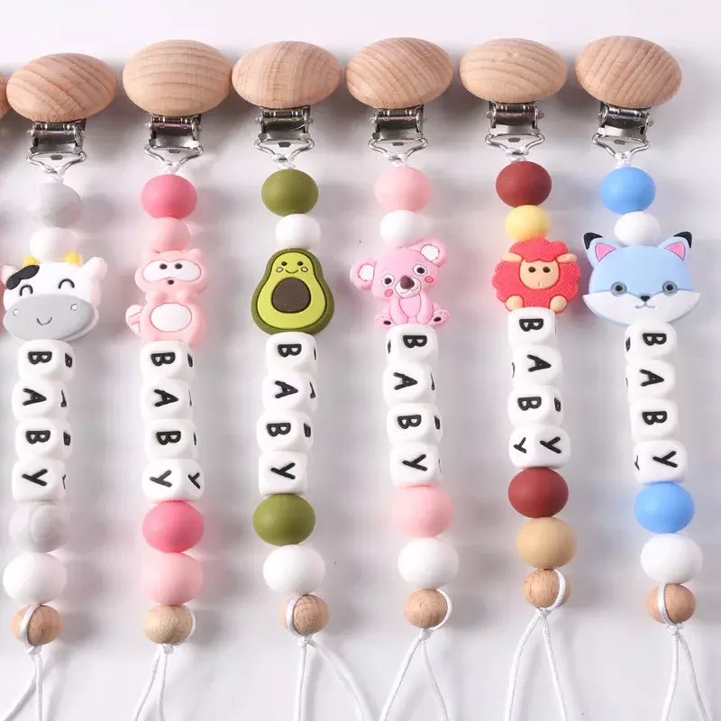 Clips de silicona para chupete de bebé, Clip con nombre personalizado, globo de dibujos animados de animales, sin BPA, accesorios para recién nacidos