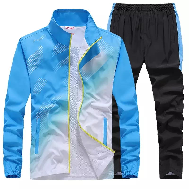 Pakaian olahraga pria, baju olahraga Set 2 potong jaket motif mode + celana musim semi musim gugur