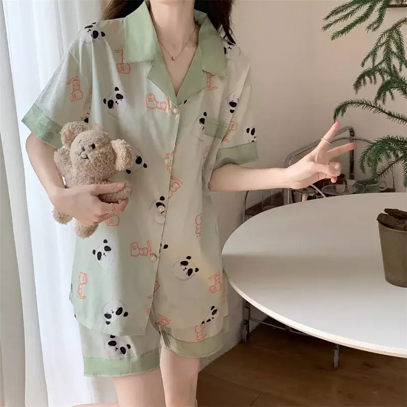 Conjuntos de pijamas com estampa panda feminino, seda sintética, cetim, botões pijamas, manga curta, homewear, verão, 2 peças