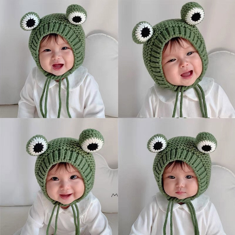 Funny Knitted Cap Fall And Winter Small Frog Cute Wind Children Cap Boys And Girls Tie Kids Cap Ear Protection Padded Baby Cap