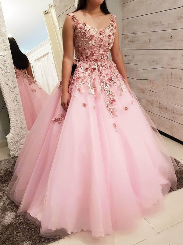 Pink Ball Gown Women Quinceanera Dresses 3D Flowers Tulle Prom Birthday Party Gowns Formal Vestido De Noche Abenkleider