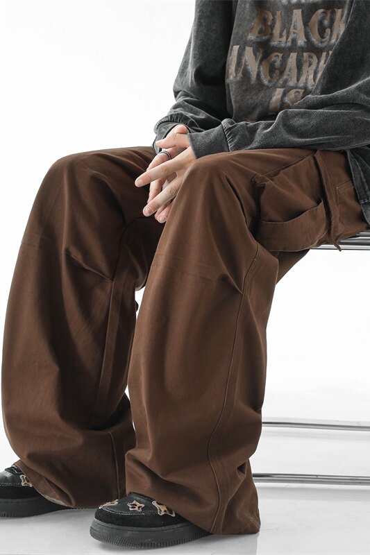 Amekaji-Pantalon cargo décontracté surdimensionné pour hommes, jambes larges, pantalon ample, mode américaine décontractée, coton fjPure, poches, H110, printemps, nouveau