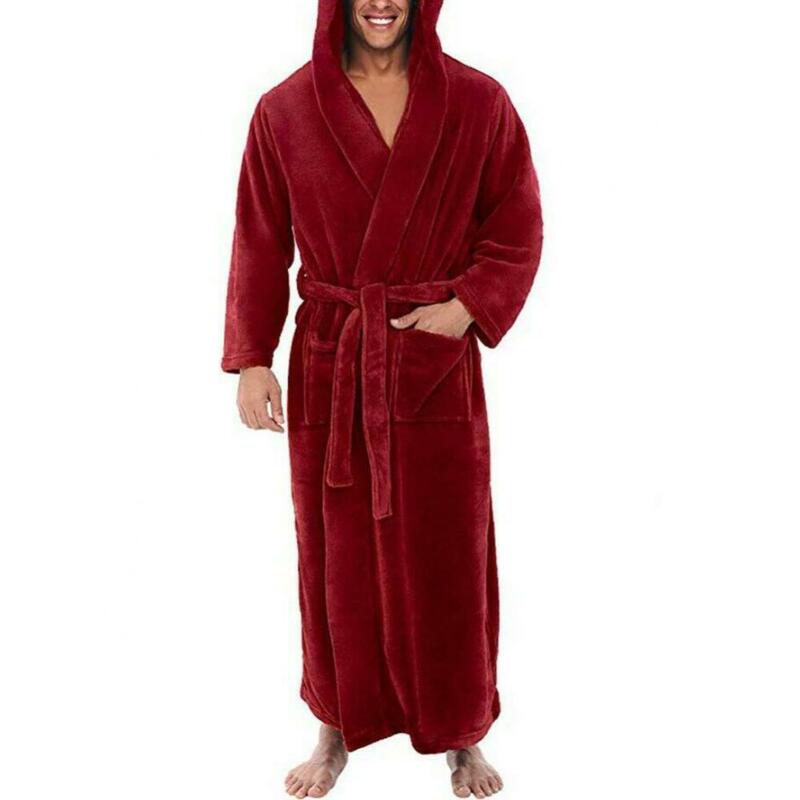Мужской фланелевый банный халат, зимний длинный халат, домашняя одежда для сна, однотонная зимняя теплая Повседневная флисовая ночная рубашка с карманами