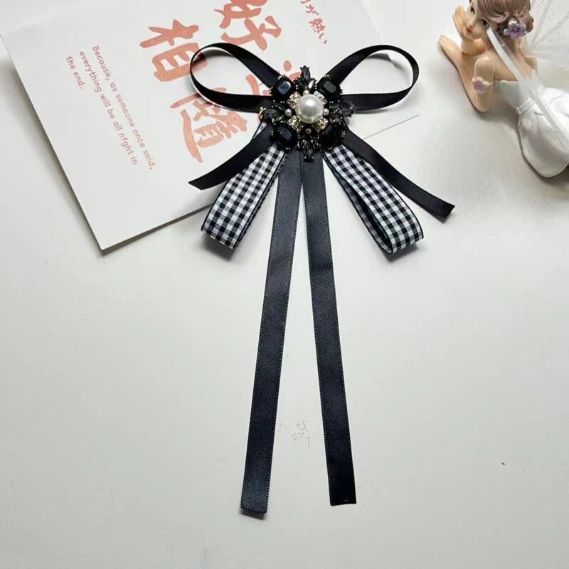 Vintage Bow Tie Brooch for Women's Fashion Korean College Style Shirts Black Rhinestone Collar Flowers Woman's Accessories Gifts