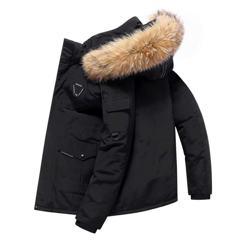 Męskie puchowe płaszcze z kapturem futrzane kurtki puchowe zimowe codzienne płaszcze puchowe z kaczego wysokiej jakości męskie wiatroszczelne ciepłe parki na zimę 4