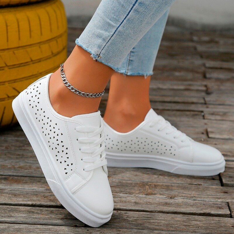 2024 Fashion Summer Casual White Shoes Cutouts Lace Canvas Hollow Breathable Platform Flat Shoes Woman SneakersWomen Shoes