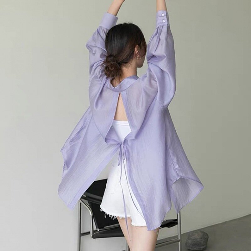 여성용 심플한 백 스트랩 디자인 센스, 한국 버전, 자외선 차단 의류, 셔츠 블라우스, 여름 신상