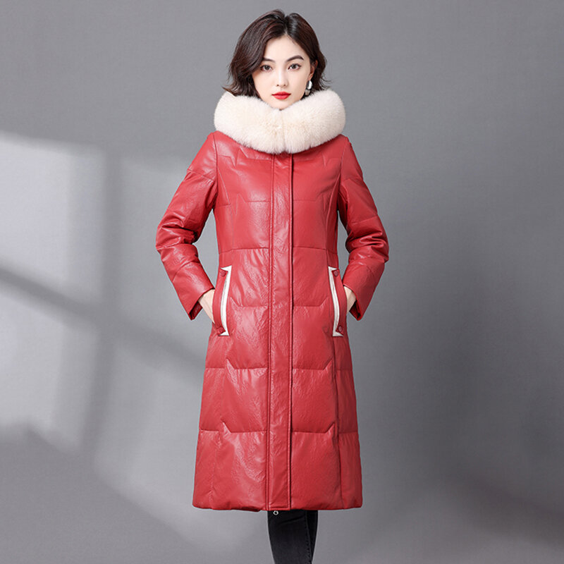 New Women Winter Hooded Leather Down Coat Fashion Warm Real Fox Fur Collar Casual Long Sheepskin Down Outerwear Split Leather