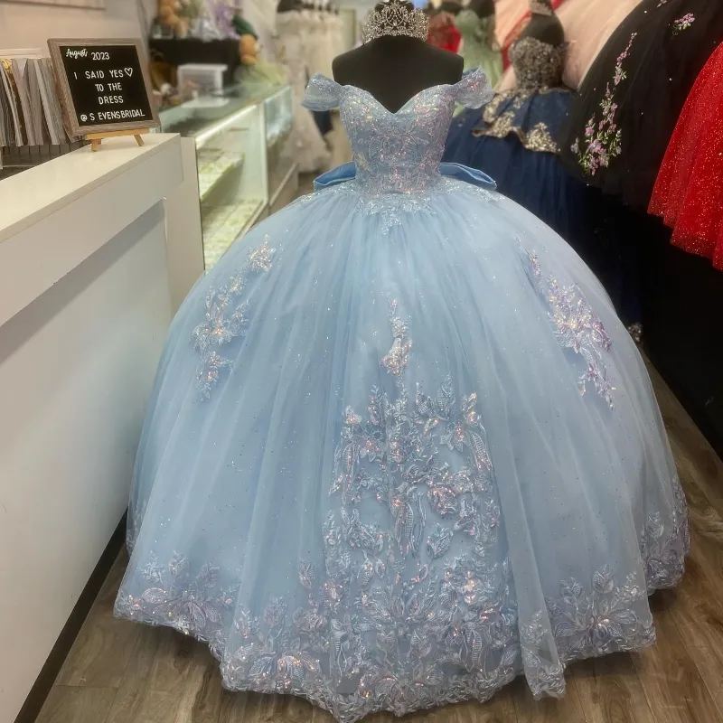 ANGELSBRIDEP Sky Blue Quinceanera Dress With Bow Backless Party Gown Princess Lace Appliques Off The Shoulder For 16 Years Old