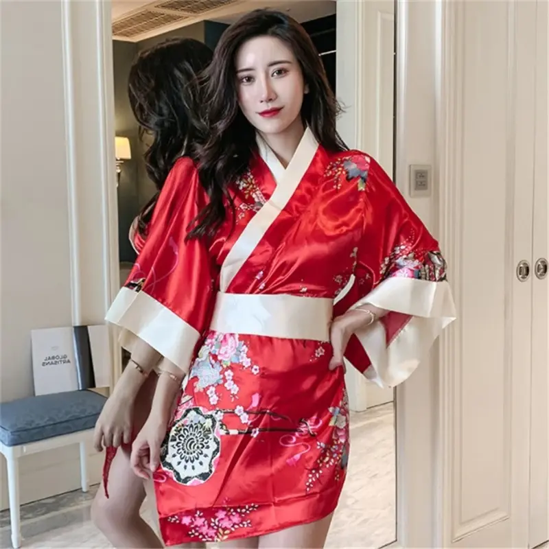 Japanese Style Short Loose Satin Sexy Yukata Dress For women Pajamas Oriental Floral Kimono Haori Chinese Qipao Nightgown Robe