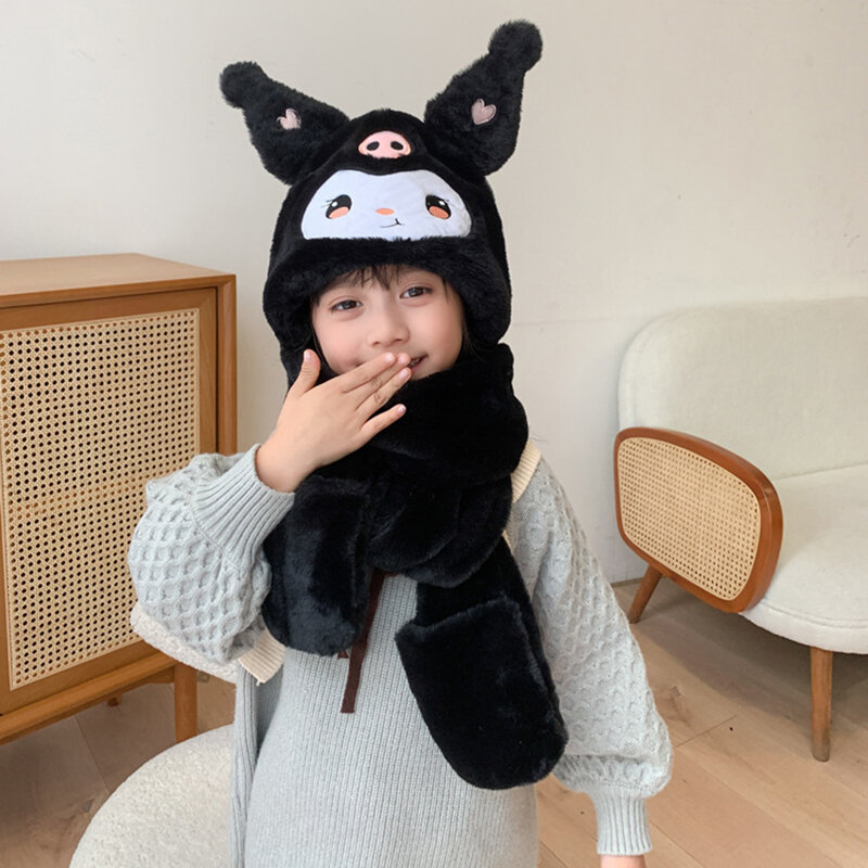 Kuromi Cinnamoroll topi gerak telinga lembut musim dingin dengan syal untuk wanita topi telinga anak-anak sarung tangan syal Set 3 In 1 topi kartun lucu anak-anak