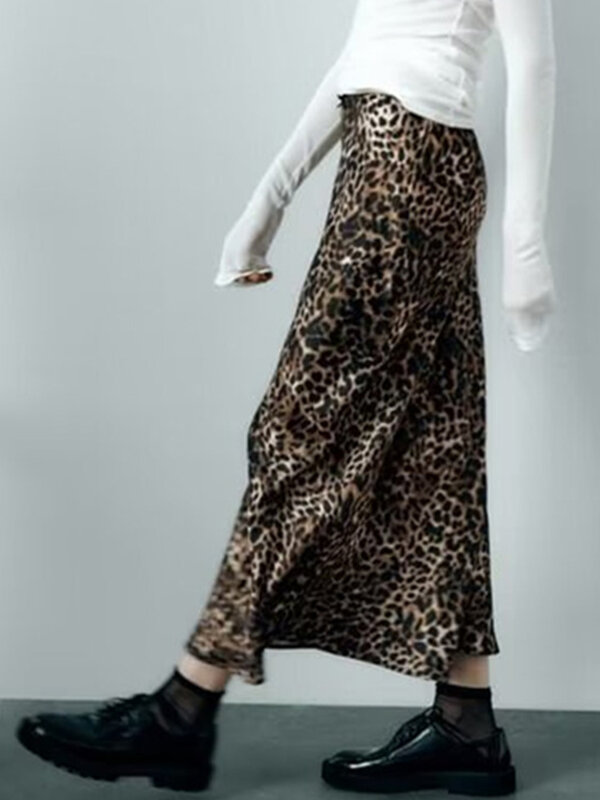 Rok Midi motif macan tutul untuk wanita, rok panjang wanita kantor elegan klasik Musim Panas 2024 motif macan tutul mode seksi A-line