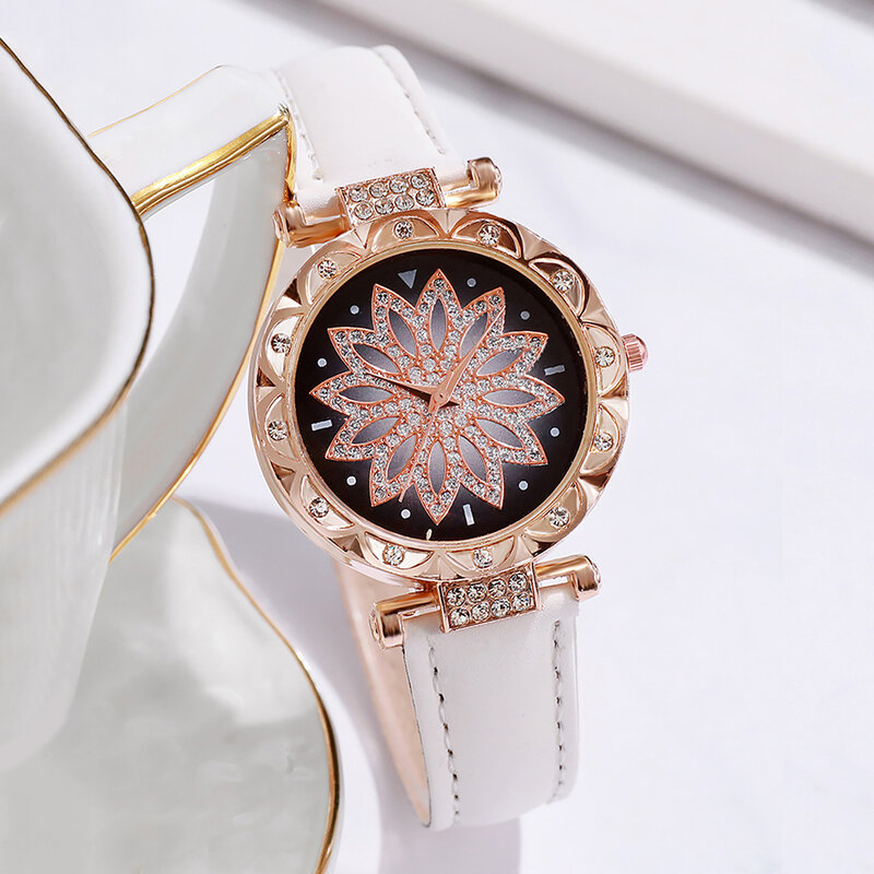 Pulseira de couro feminino mostrador flor relógio de quartzo e pérola conjunto de jóias, moda, 5 peças por conjunto