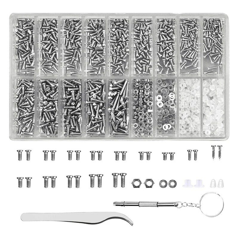 Kit de herramientas de reparación de gafas, surtido de tornillos y tuercas de 1000 piezas, con Mini destornillador y pinzas
