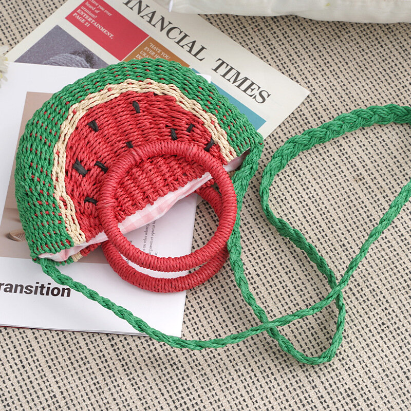 Summer Straw Bag Rattan Watermelon Bag Women's Seaside Vacation Shoulder Crossbody Beach Bag Handmade Cotton Rope Woven Bag