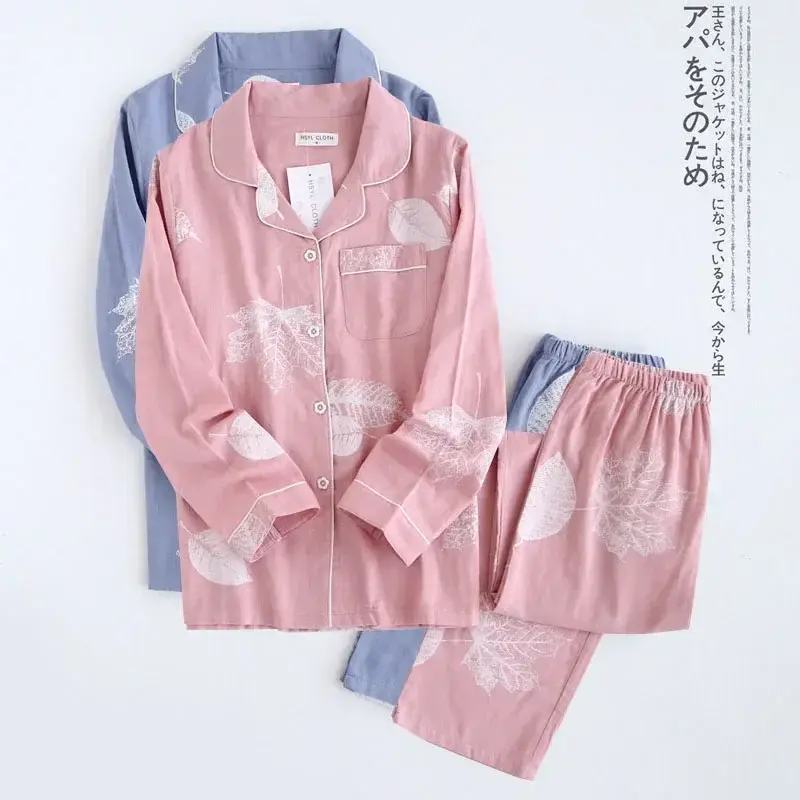 2024 set piyama daun maple wanita kimono femme 100% pakaian tidur kasual lengan panjang katun kain kasa piyama wanita musim gugur Diskon besar-besaran