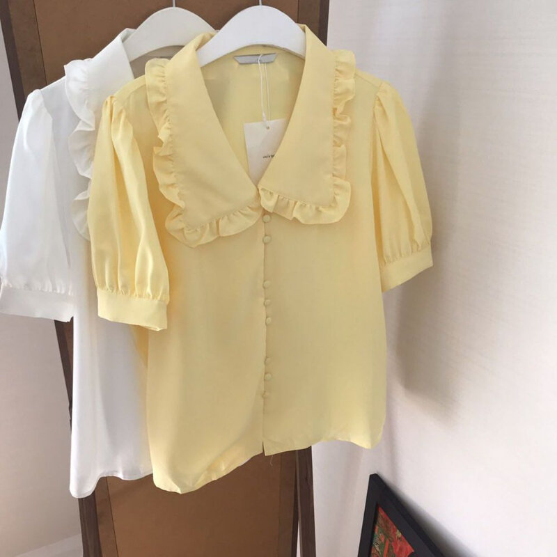 Шикарная шифоновая рубашка с воротником «Питер Пэн», женская летняя Свободная блузка в стиле ретро с короткими рукавами, женские милые желтые топы, Женская Новинка 2024
