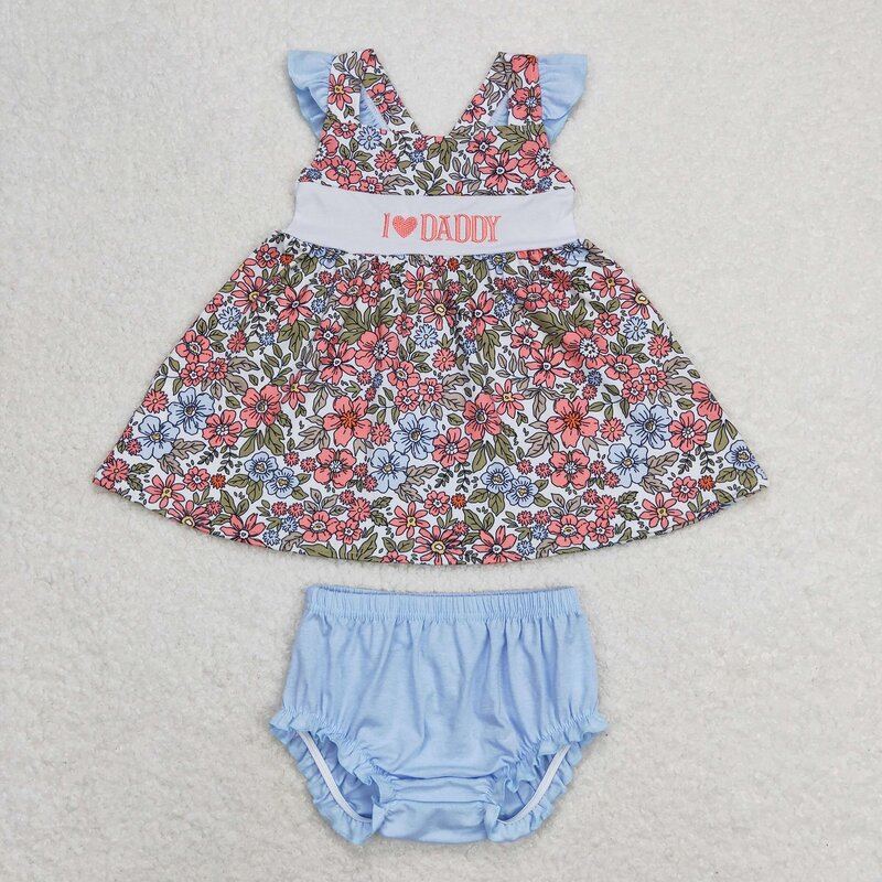 Wholesale Kid Outfit Children Short Sleeves Flower Embroidery I Love Daddy Tunic Blue Bummie Shorts Infant Baby Girl Toddler Set