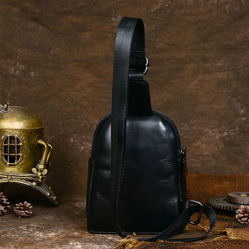 Genuíno couro de couro com zíper duplo saco de peito para homens, simples e versátil, pacote mensageiro, saco masculino do telefone móvel, moda, T222