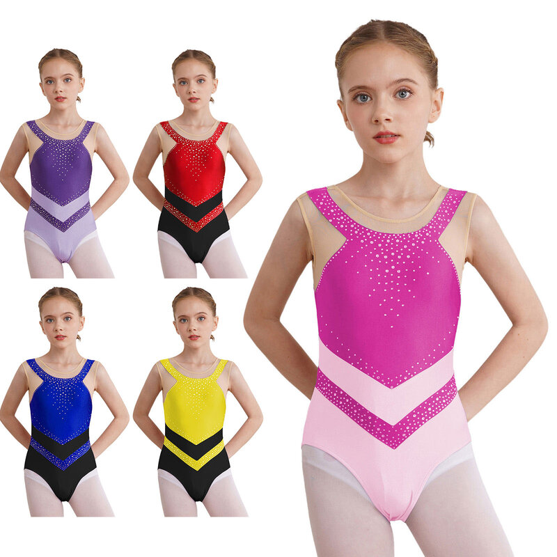 Kostium trykotu dla dzieci dziewcząt gimnastyka artystyczna błyszczący stras Color Block siatkowy Patchwork body bez rękawów