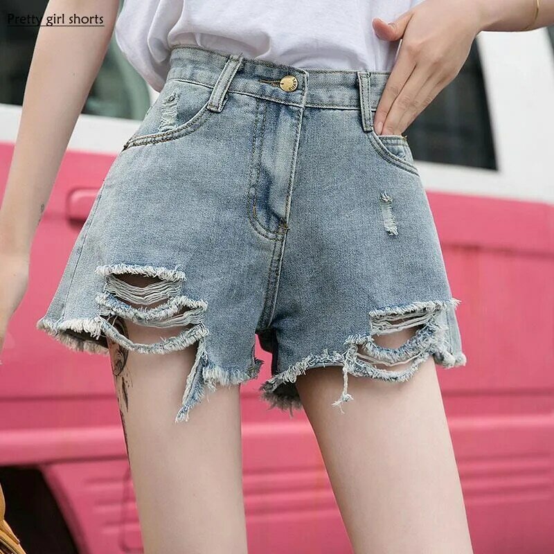 Celana pendek Denim berlubang baru musim panas wanita celana pendek ramping pinggang tinggi ukuran besar 5XL kasar A-line celana pendek seksi kaki lebar