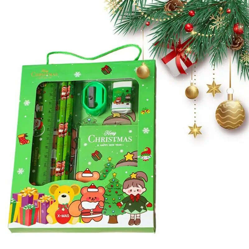 Penghapus pensil Natal Set 6 buah alat tulis siswa kotak hadiah Set alat tulis aman untuk hadiah taman kanak-kanak Natal